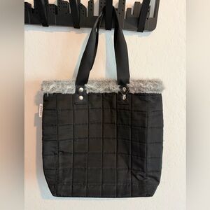 Black Quilted Tote Bag with Faux Fur Trim
